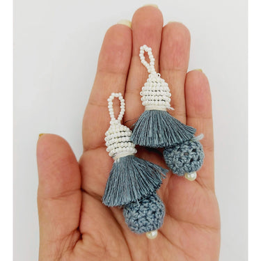 Grey Crochet Ball Tassels With White Pearls Beads, Tassel Charms, Nylon Tassels x 2